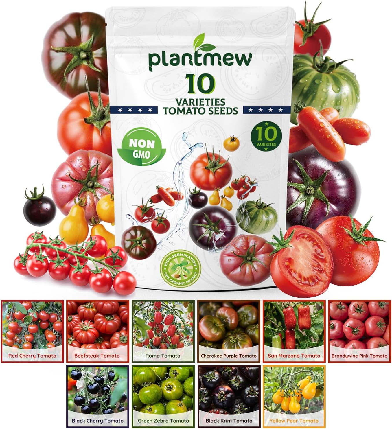 PLANTMEW 10 Heirloom Tomato Seeds - Open Pollinated Seeds for Planting Home Garden - Beefsteak, Roma, San Marzano, Cherokee Purple, Cherry Tomato  More(10 Tomato Varieties)