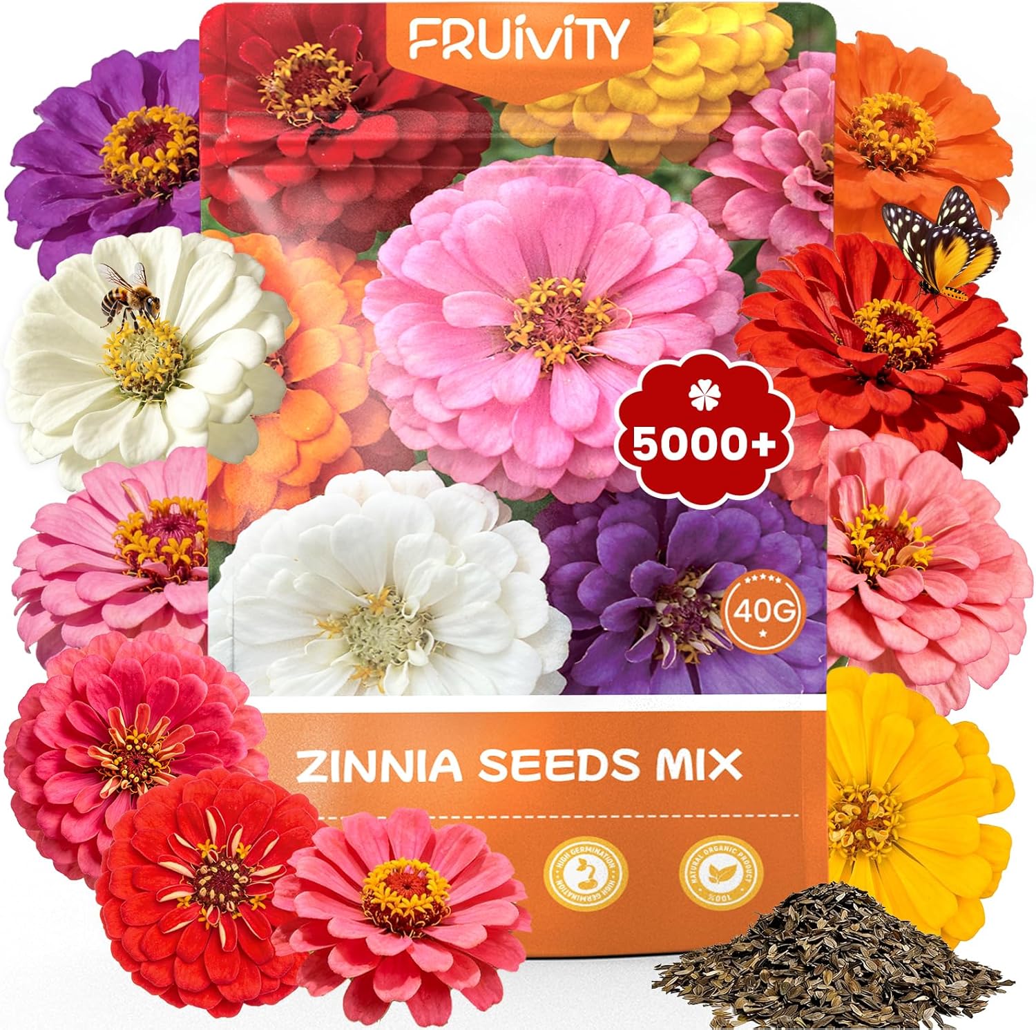 Fruivity Zinnia Seeds for 2026 Planting, 5000+ Flowers Seeds, 7 Vibrant Colors Mix  Large Bloom, Heirloom Wildflower Seeds for Pollinator Garden Outdoor Borders, Easy to Grow Annual Flowers(5000+ Mixed Zinnia Seeds)