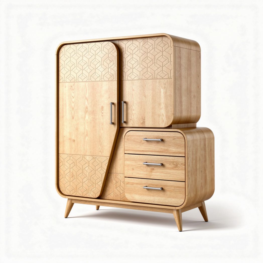 Wooden Storage Cabinet with Geometric Design for Living Room, Made from Solid Wood, 90 x 50 x 120cm