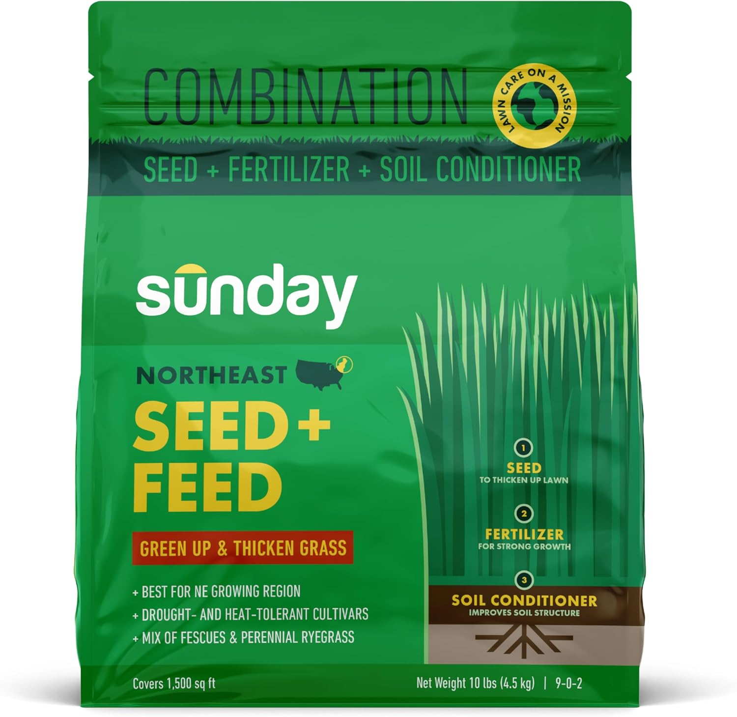 Sunday Northeast Seed + Feed - Grass Seed, Soil Conditioner,  Fertilizer Mix - Northeast Lawn Seed with Tall Fescue, Fine Fescue  Tetraploid Ryegrass - 9-0-2 NPK - Covers 1,500 sq. ft. - 10lbs