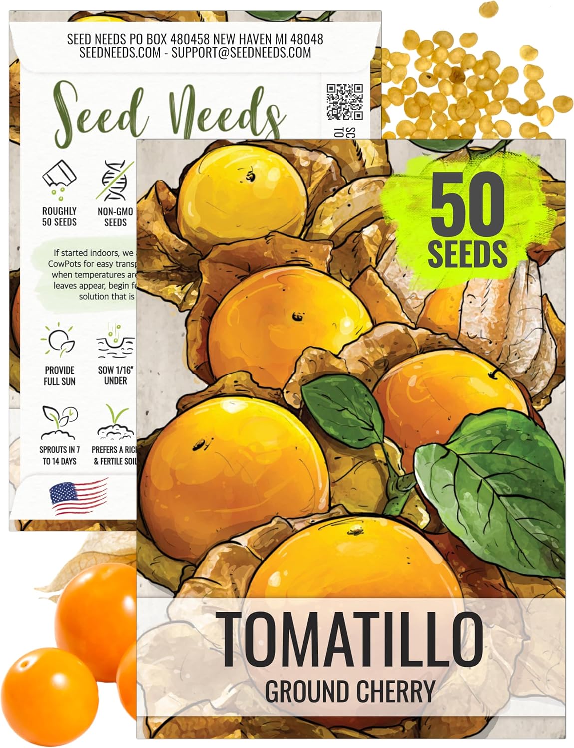 Seed Needs Ground Cherry Tomatillo Seeds for Planting - Non-GMO, Heirloom  Untreated Physalis pruinosa - Edible Cape Gooseberry/Golden Berries to Grow an Outdoor Vegetable Garden (1 Pack)