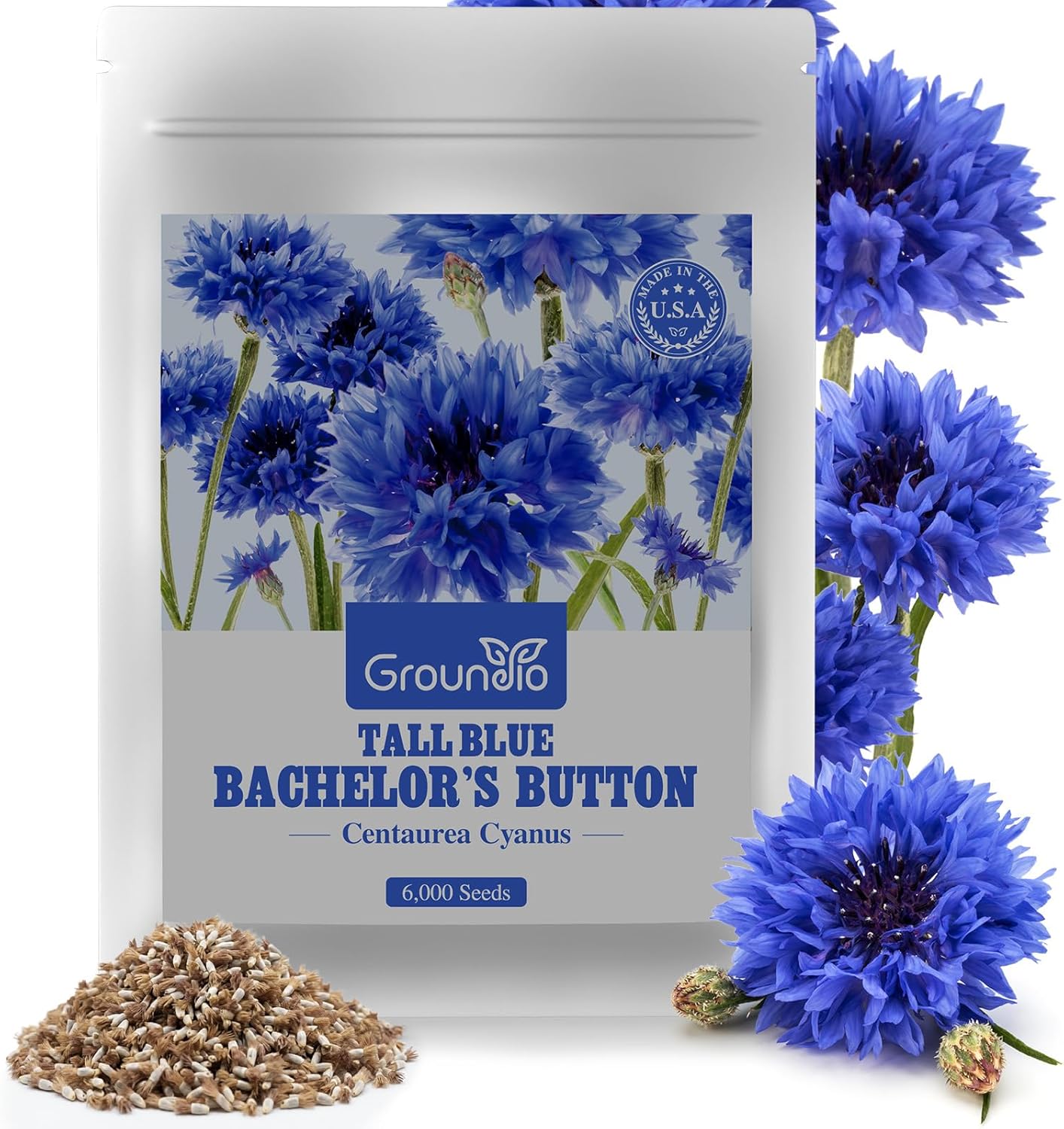 Groundio Wildflower Seeds Mix, 24 Varieties Perennial  Annual Seeds for Hummingbirds and Butterflies, 25,000+ High Germination Flower Seeds Throw and Grow to Plant Outside, No Filler 1 Ounce(Bachelor Button seeds)