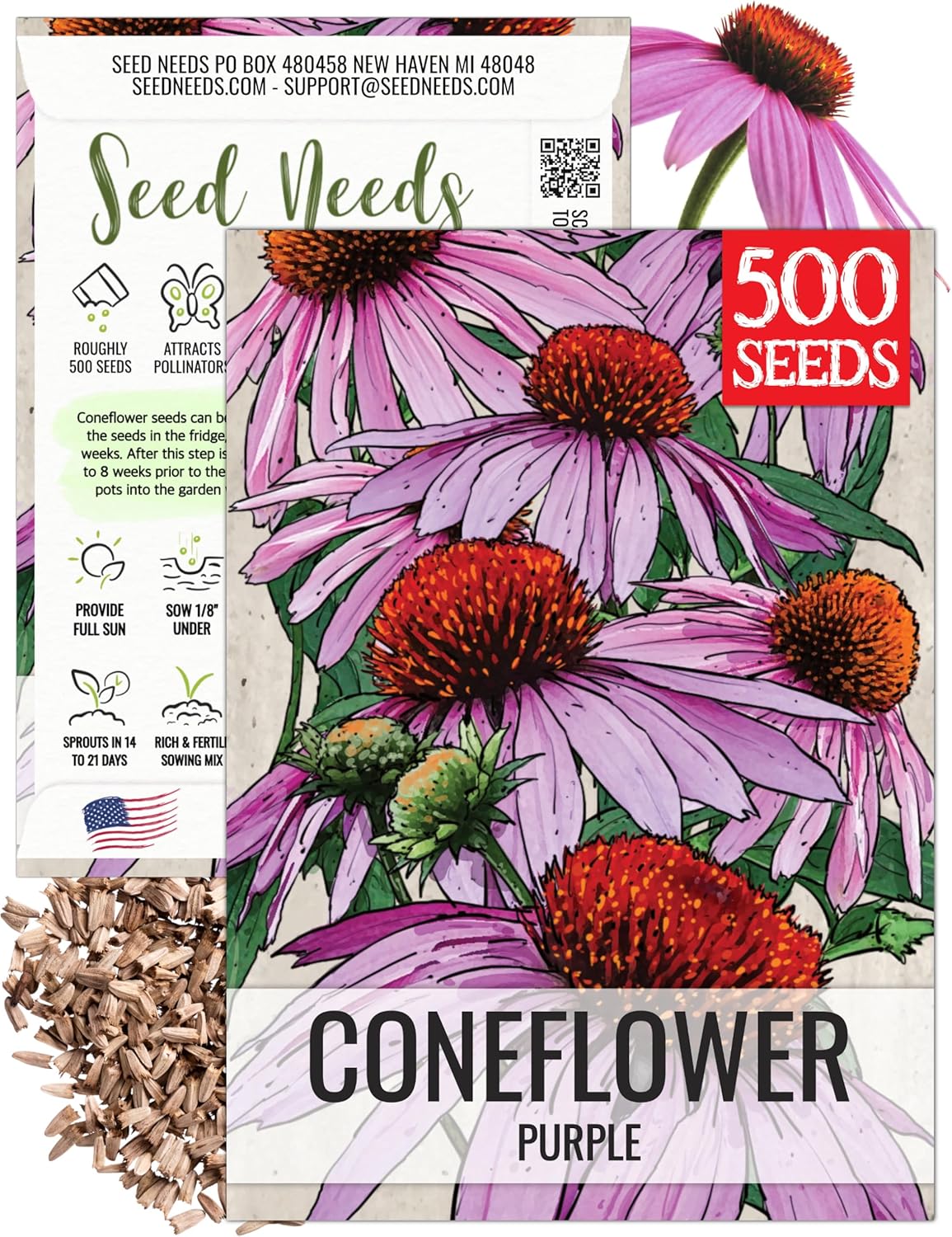 Seed Needs Coneflower Seeds for Planting Purple Echinacea Coneflowers - Heirloom  Open Pollinated Perennial Medicinal Flower - Perfect Wildflowers for a Butterfly Garden (1 Pack)