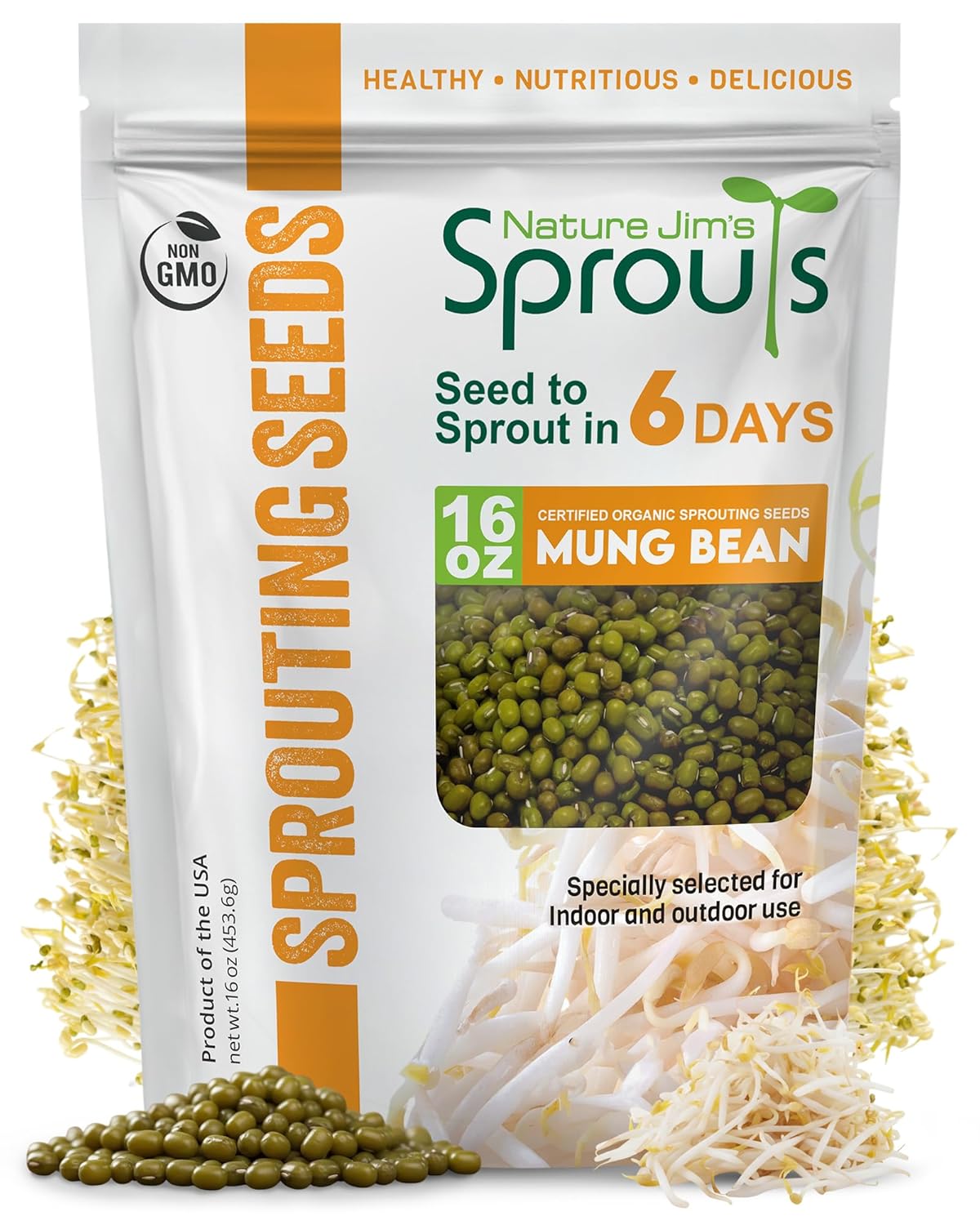 Nature Jims Sprouts Mung Bean Sprouting Seeds – Non-GMO Mung Beans for Growing Nutritious, Fresh Sprouts – Packed with Vitamins, Minerals  Fiber – Premium Resealable Bag for Longer Freshness – 16 Oz