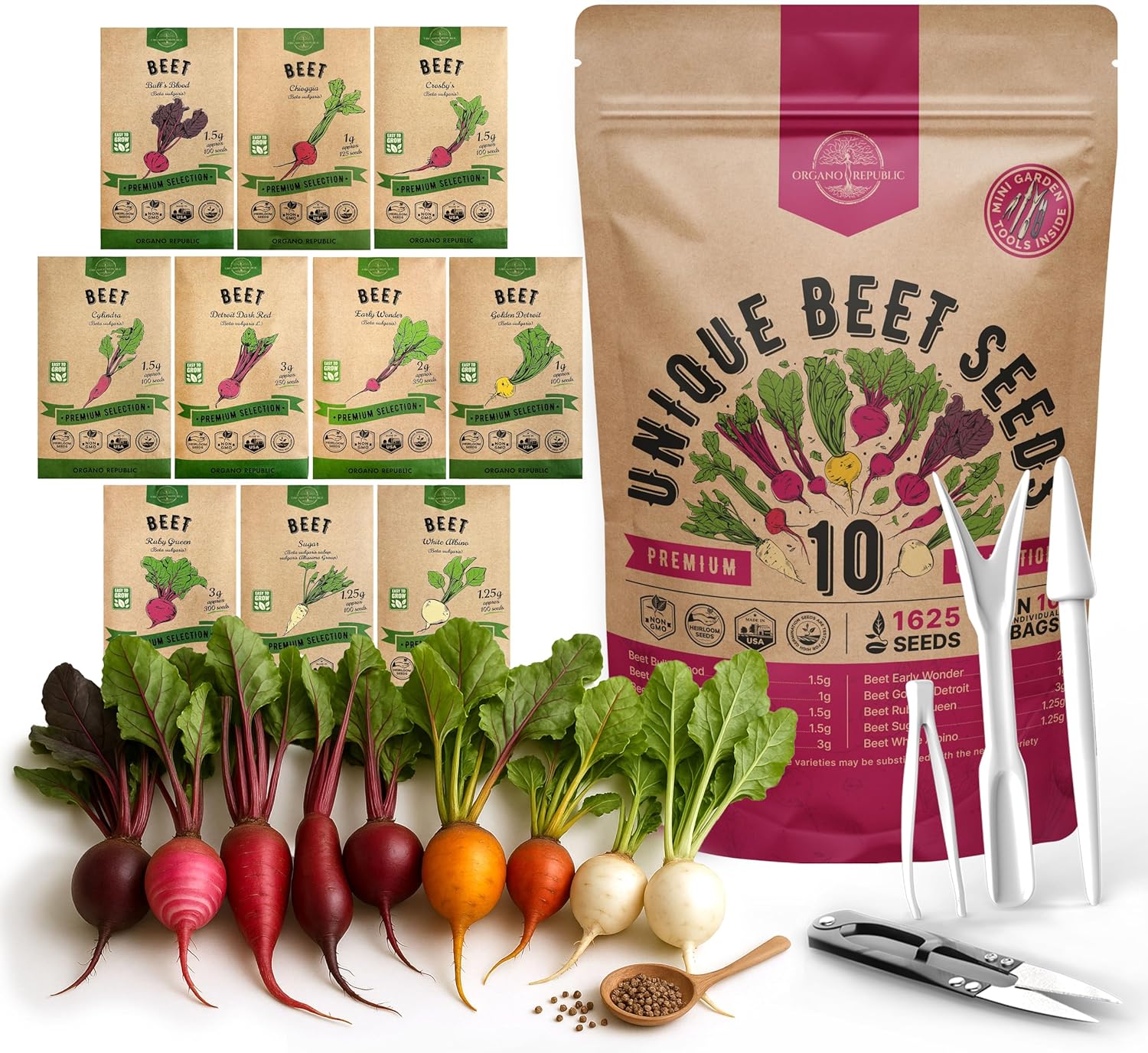 Organo Republic 12 Radish Seeds Variety Pack for Indoor  Outdoors 2400+ Heirloom Non-GMO Radish Garden Seeds: Daikon, Cherry Belle, French, Breakfast, Champion, Purple, Watermelon Radishes Seeds(10 Beet Seeds Variety Pack)