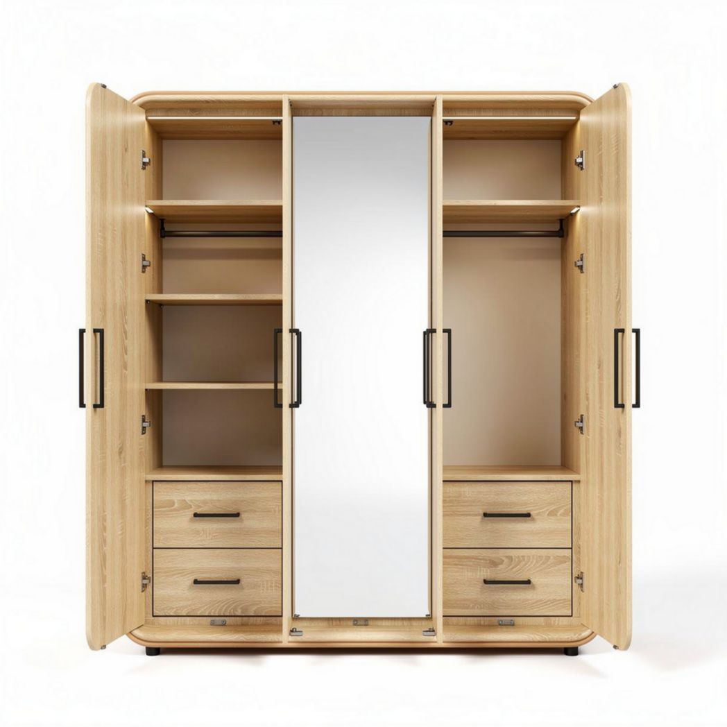 Wooden Wardrobe with Mirror and Shelves for Bedroom Storage – 150 x 60 x 200cm