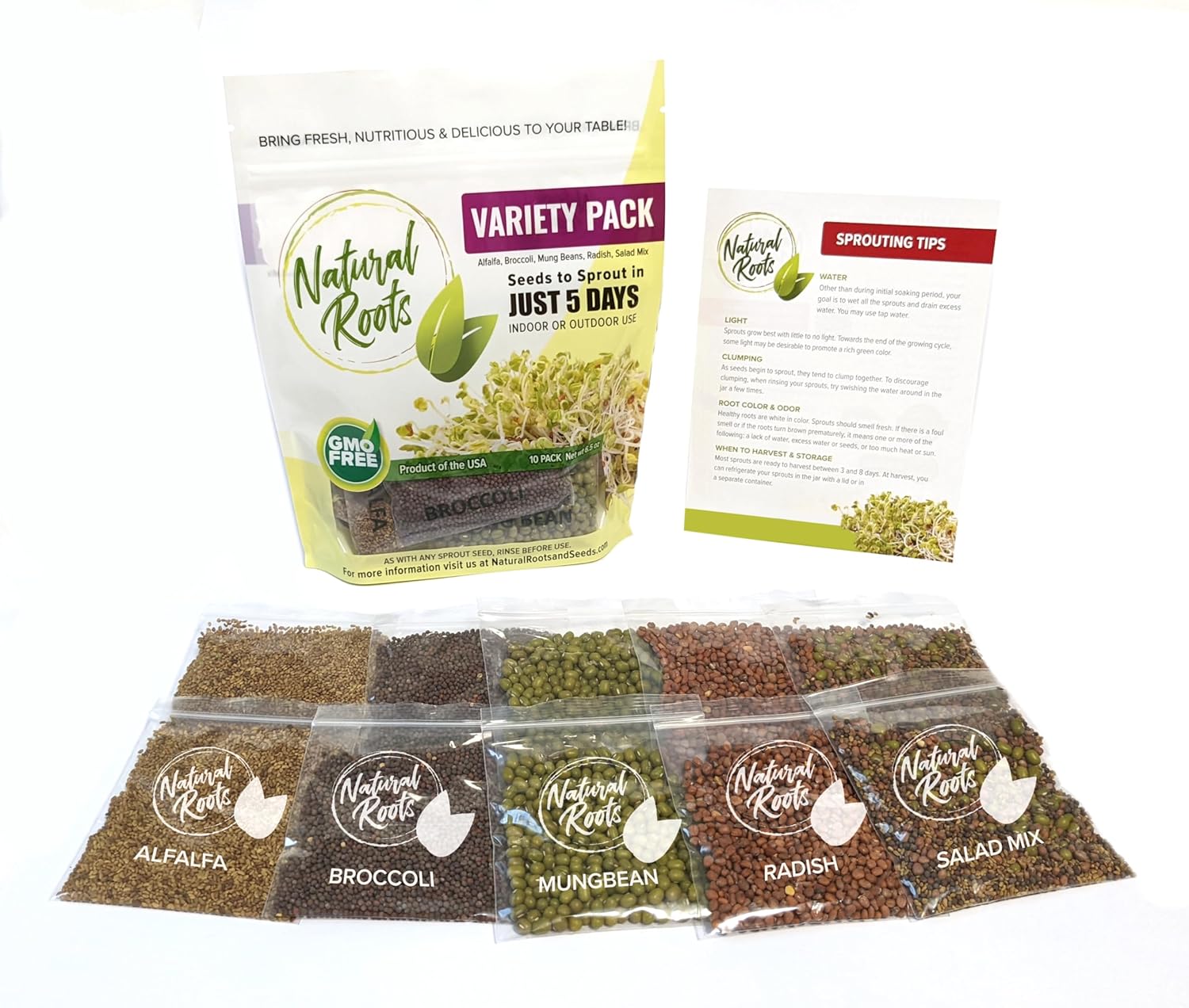 Variety Pack Sprouting Seeds Broccoli, Alfalfa, Radish, Mung beans  Salad Mix for Sprouts and Microgreens. Non-GMO. Pack of 10 premeasured seeds for quart size jars or trays. Includes 2 packs of each