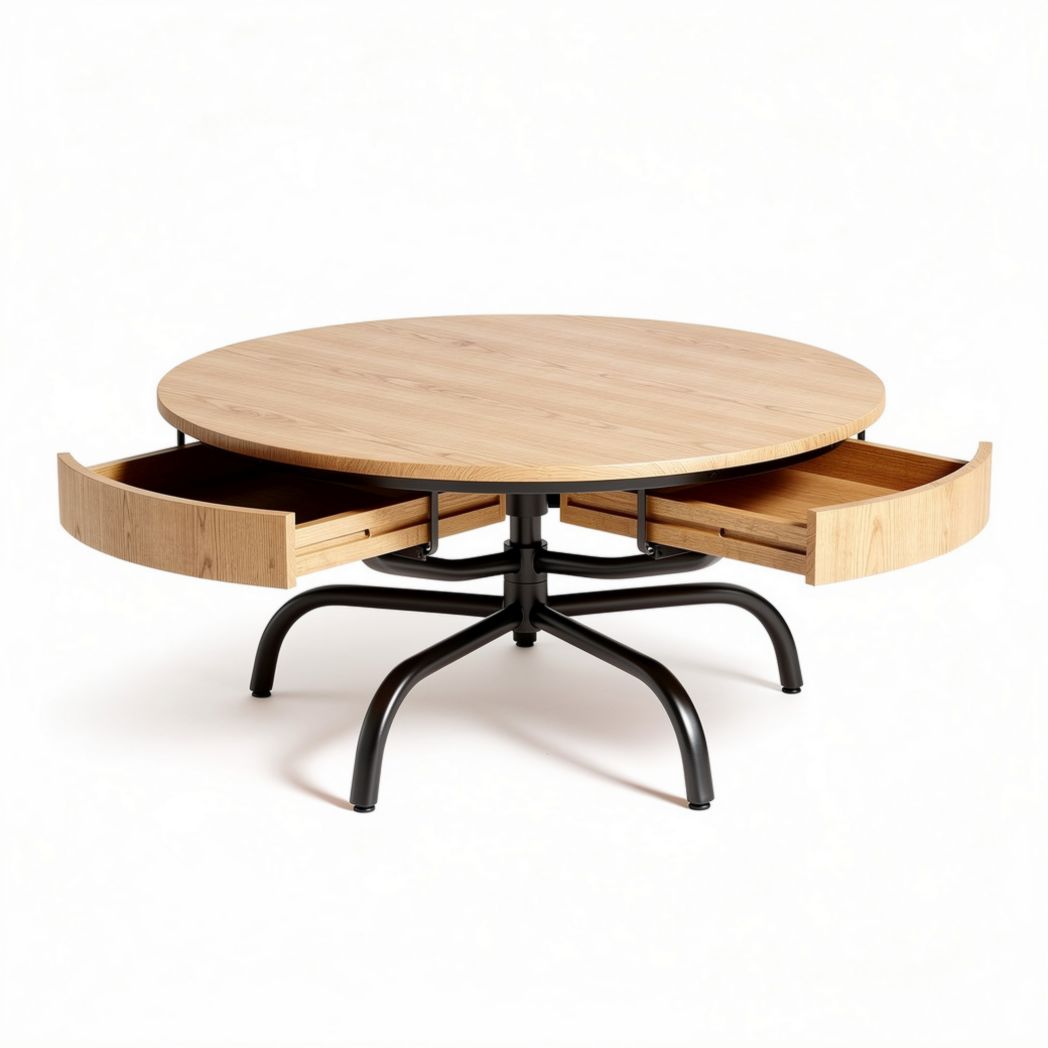 Round Coffee Table with Storage Drawers for Living Room - Wood and Metal - 90 x 90 x 40cm