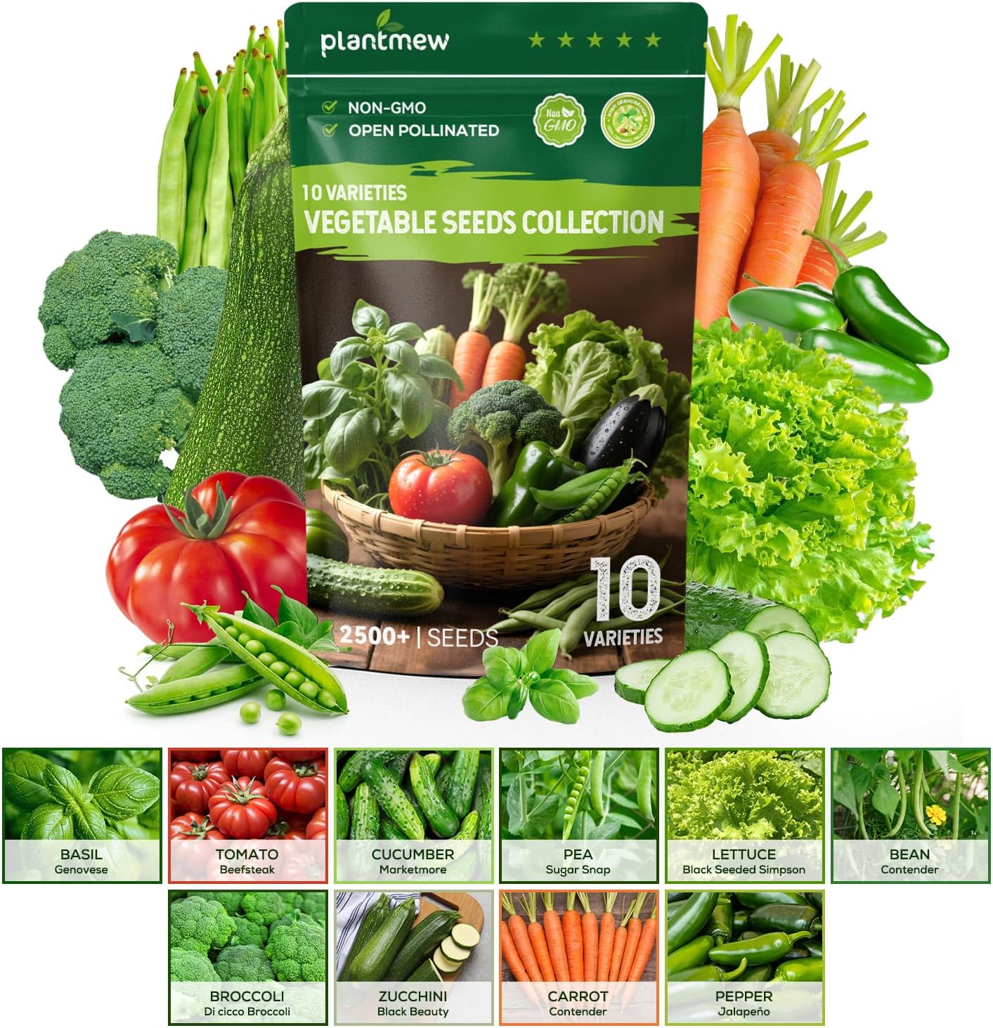 PLANTMEW 10 Vegetable Seeds Pack - Heirloom - Basil, Snap Pea, Broccoli, Bean, Jalapeño Pepper, Tomato, Lettuce, Cucumber, Carrot, Zucchini Seeds for Planting Home Garden