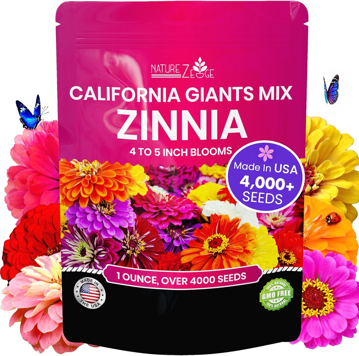 NatureZ Edge Zinnia Seeds for 2026 Planting Outdoors, Over 4000 Flower Seeds, 1 Oz, Non GMO Made in USA, Bulk Semillas De Flores para Sembrar, California Giants, Easy to Grow Zinnia Seed Mix(1 oz/California Giants Zinnia)