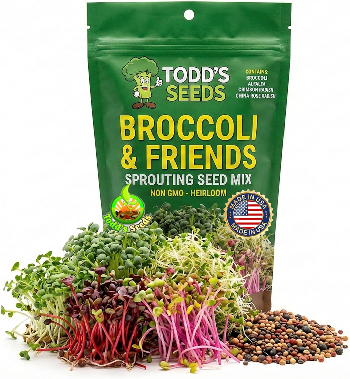 Todd's Seeds Broccoli and Friends Sprouting Seed Mix (1/4 Pound) | Broccoli, Crimson Clover, Red Radish,  Alfalfa | Fast Growing Microgreens in 5 Days | Non-GMO, Chemical Free, High Germination(1/4 Pound - Try It First | Fills 3–4 Jars)