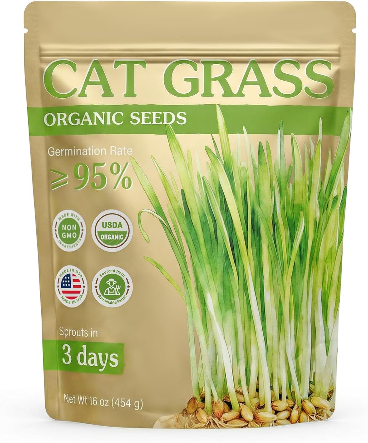 Organic Cat Grass Seeds (16 oz), Certified Non-GMO, Heirloom Seeds for Cat, Organic Wheat Seeds, High Yield High Germination, Resealable Bag, Hairball Remedy for Cats, Indoor