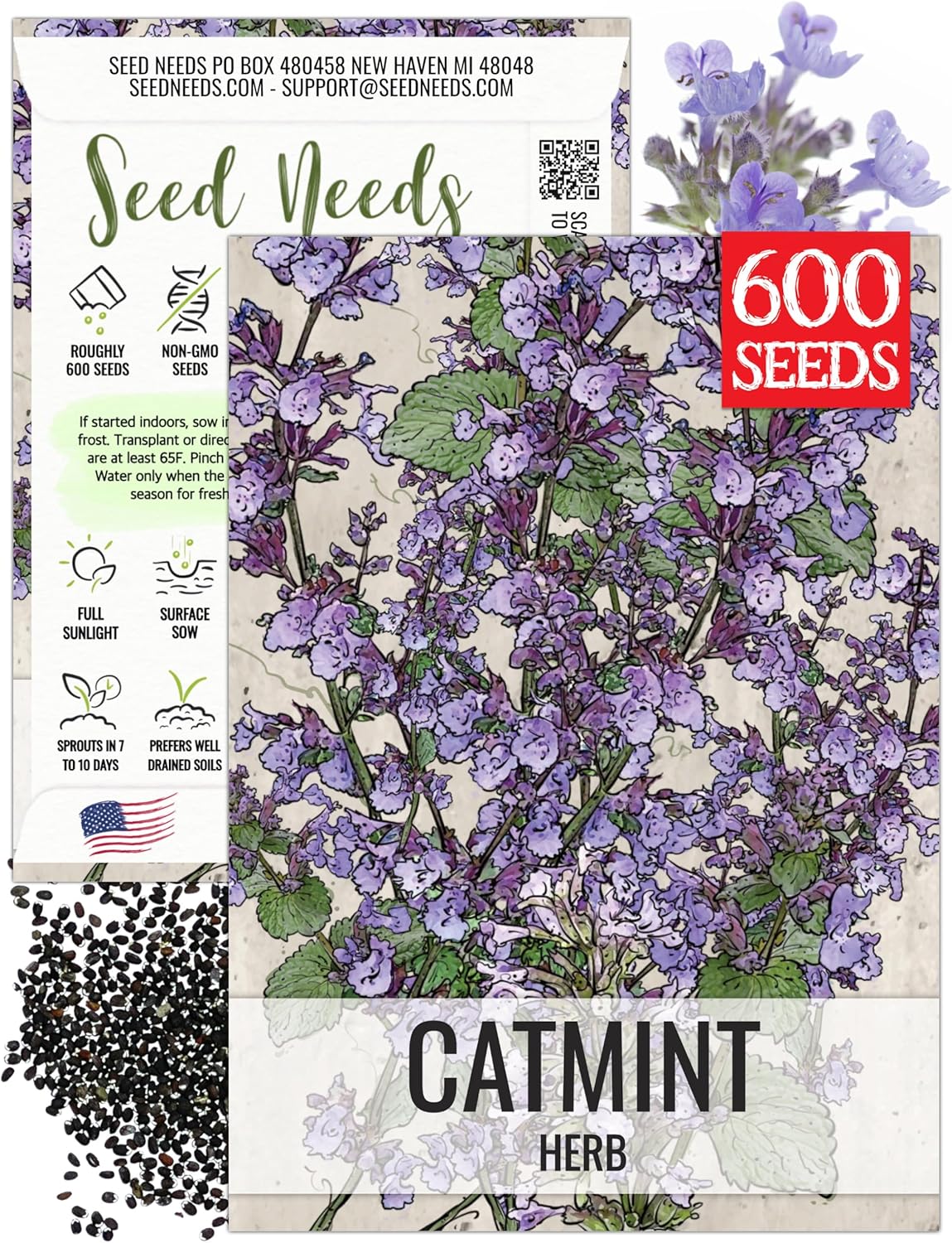 Seed Needs Catmint Seeds for Planting an Indoor/Outdoor Herb Garden - Non-GMO Heirloom  Untreated Herbal Plants - Great for Cats Nepeta mussinii (1 Pack)