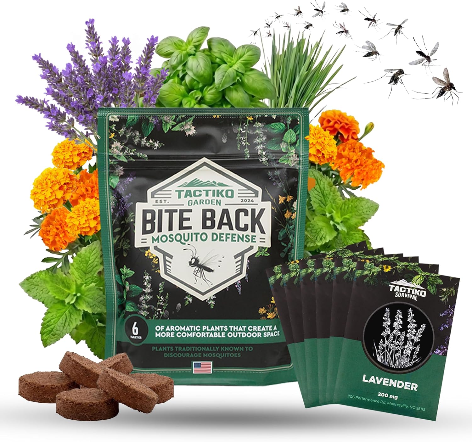Tactiko Garden Aromatic Herb Seed Kit for Mosquito Season – 6 Individual Seed Packets for Patio  Deck - Lavender, Lemongrass, Marigold, Catnip, Lemon Balm. Basil – Starter Kit with 6 Coir Soil Discs