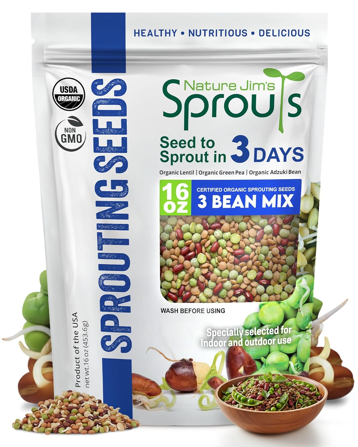 Nature Jim's Sprouts 3-Bean Seed Mix - Organic Green Peas, Lentils  Adzuki Beans for Planting - Non-GMO Microgreen Sprout Seeds, Fast Sprouting, High in Fiber, Protein, Nutrients  Vitamins - 16 Oz